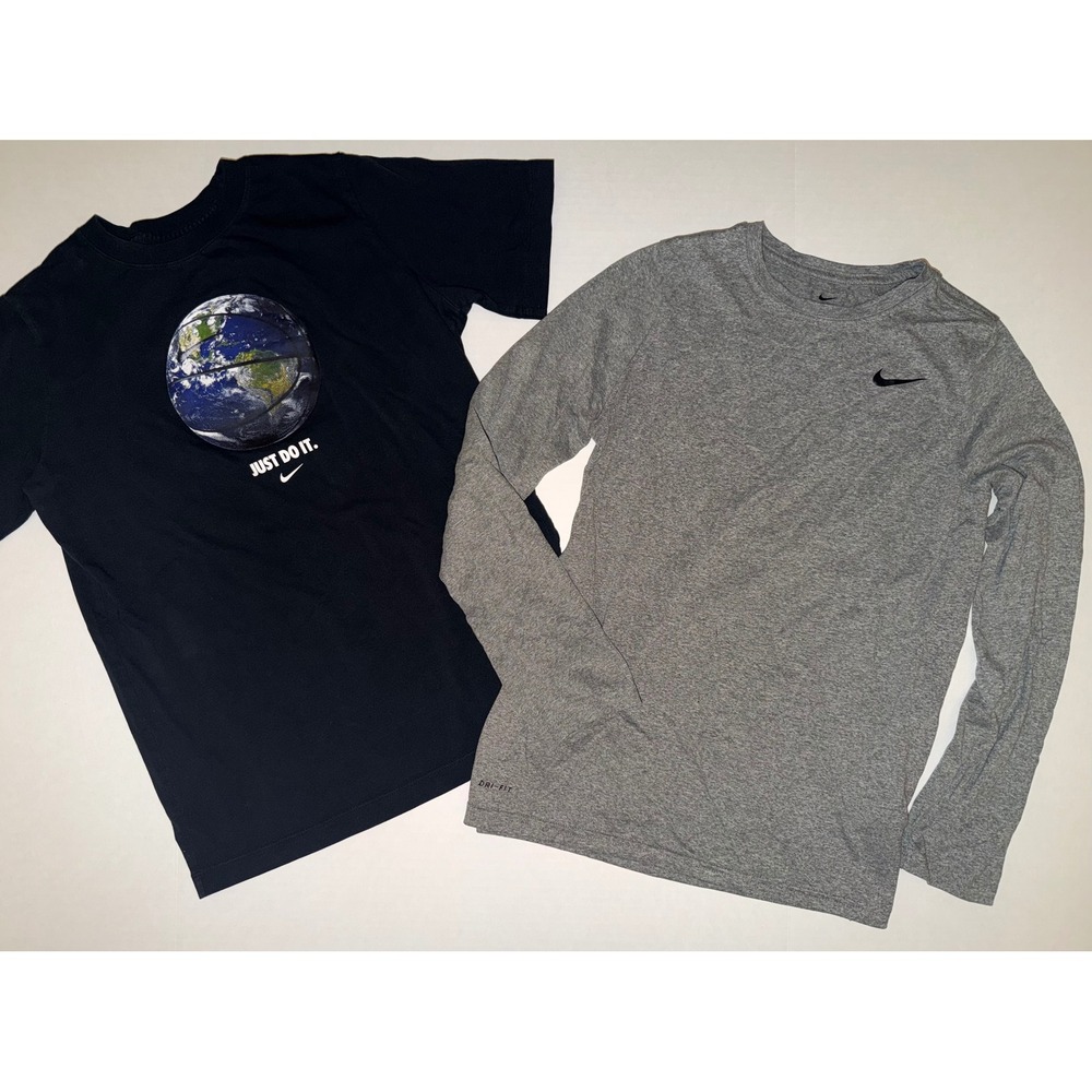 Nike Boys XL Lot Black Basketball Globe Graphic Tee‎ & Gray Long Sleeve Dri-FIT